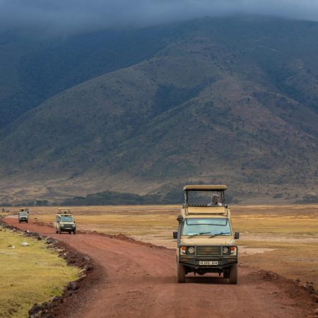 Safari vehicles in Ngorongoro Crater
